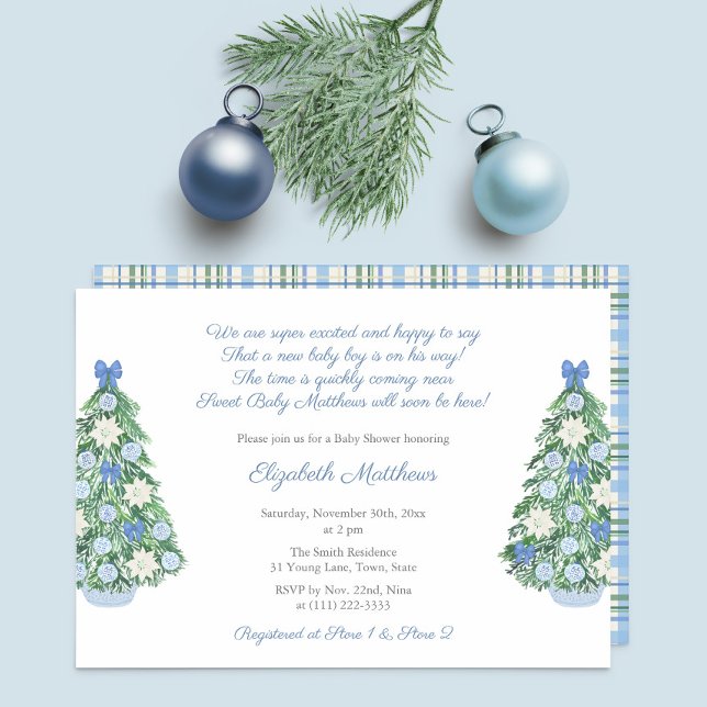 Invitation Élégant Noël Chinoiserie Poem Boy Baby shower (Maximalist blue and white decorated holidays tree for Christmas baby shower for boy party invitation)