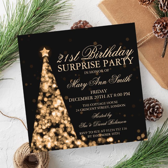 Invitation Elégant Noël d'or Surprise 21e anniversaire (Elegant Gold Christmas Surprise 21st Birthday Invitation)