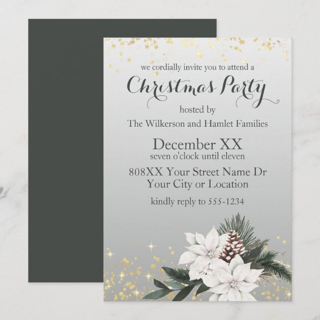 Invitation Élégant Noël floral d'hiver blanc et vert (Devant / Derrière)