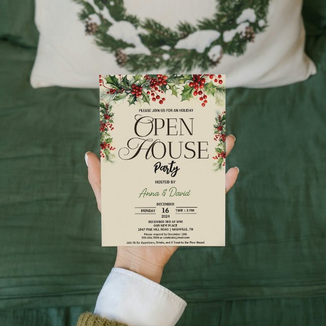 Invitation Élégant Noël Floral Holly Noël Open House (Elegant Floral Xmas Holly Christmas Open House Invitation flowers Families & Couples hosting )