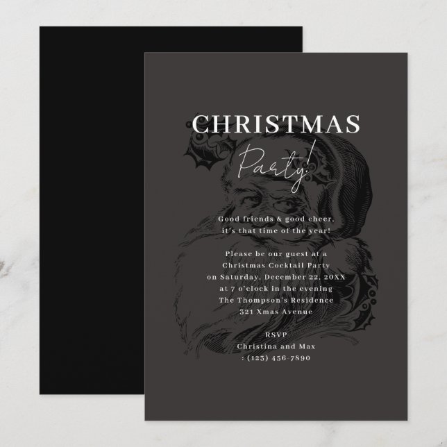 Invitation Élégant Noël Noir Classique Père Noël Noël (Devant / Derrière)