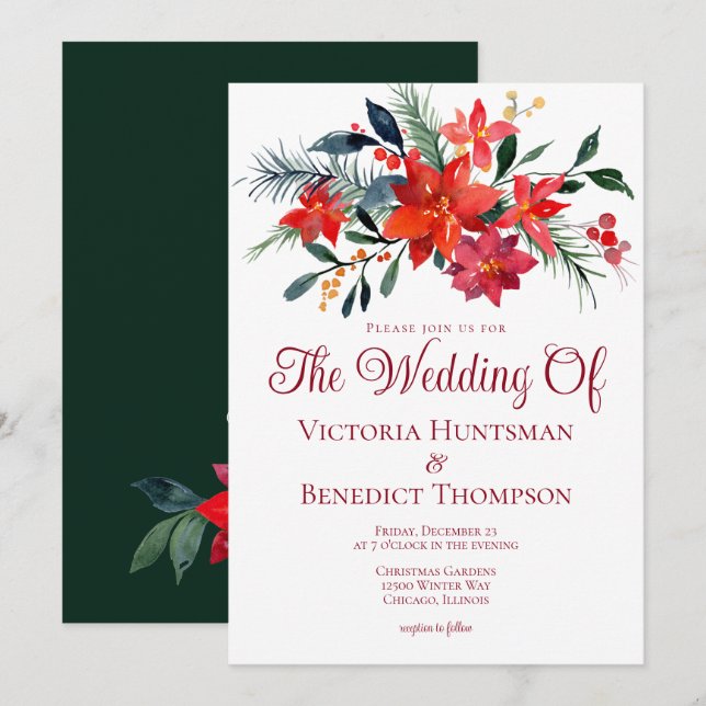 Invitation Élégant Noël Poinsettia Fleur Mariage d'hiver (Devant / Derrière)