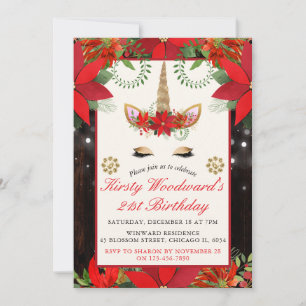 Invitation Élégant Noël Poinsettia Unicorn Anniversaire Parti