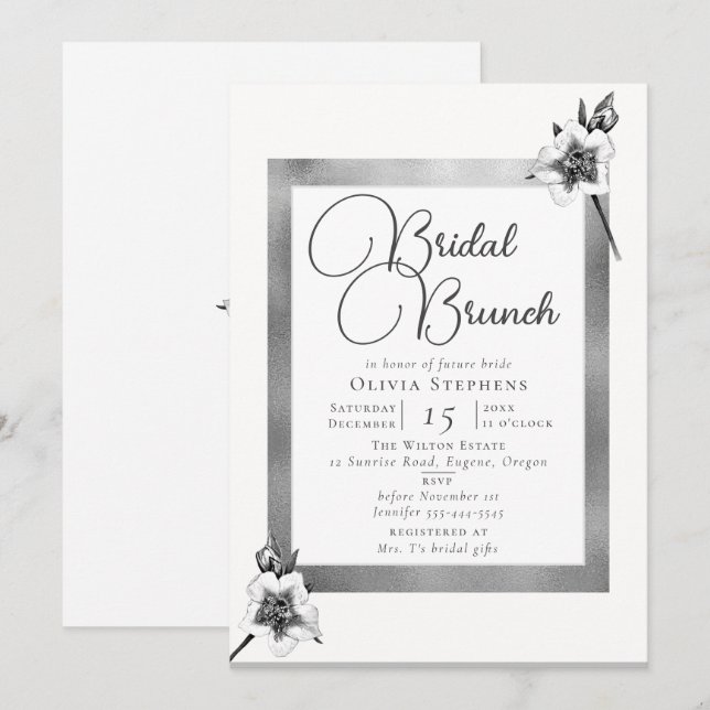 Invitation Élégant Noël Roses Argent Noël Bridal Brunch (Devant / Derrière)