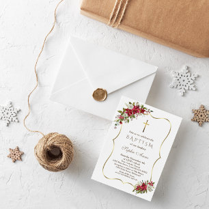 Invitation Élégant Noël Rouge Blanc Poinsettie Baptême