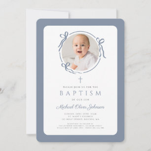 Invitation Élégant Nœud Bleu Poussiéreux Photo Baptême Garçon