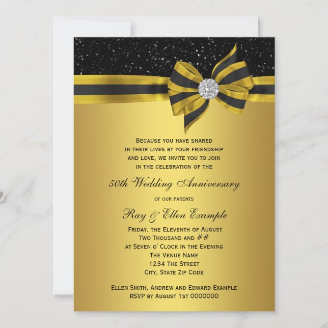 Invitation Élégant Nœud Noir et Or Fête d'Anniversaire des 50 (Devant)