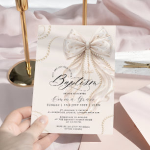 Invitation Elégant Nœud Papillon et Baptême de Perle