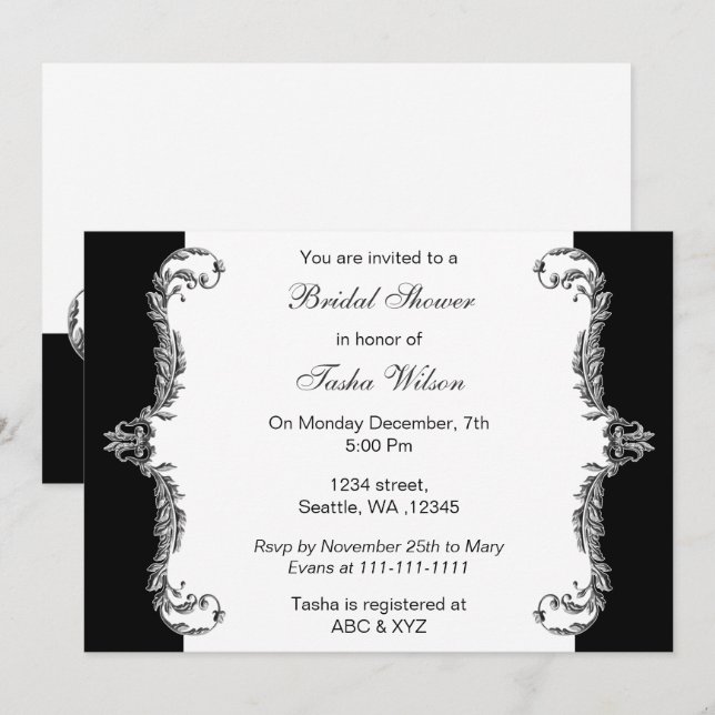 Invitation Élégant noir argent gris Fête des mariées Invitati (Devant / Derrière)