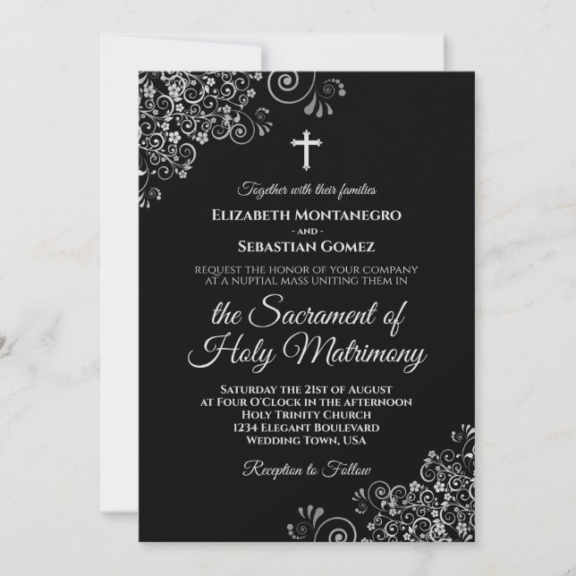 Invitation Élégant noir & argent Mariage catholique moderne (Devant)