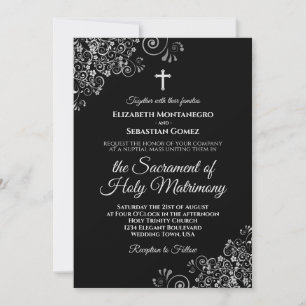 Invitation Élégant noir & argent Mariage catholique moderne