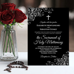 Invitation Élégant noir & argent Mariage catholique moderne