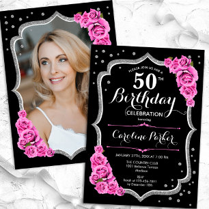 Invitation Elégant noir argent rose photo 50e anniversaire