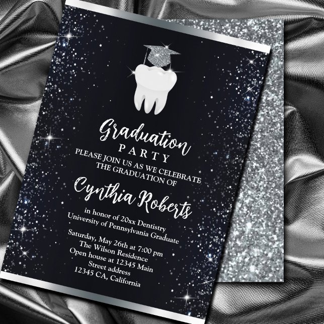 Invitation Élégant noir argenté Étincelle Dentaire Graduation (Elegant Black Silver Sparkle Dental Graduation Invitation. A chic black background, #silver)