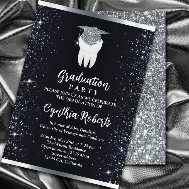 Invitation Élégant noir argenté Étincelle Dentaire Graduation (Elegant Black Silver Sparkle Dental Graduation Invitation. #graduationparty #zazzlemade #orthodontia)