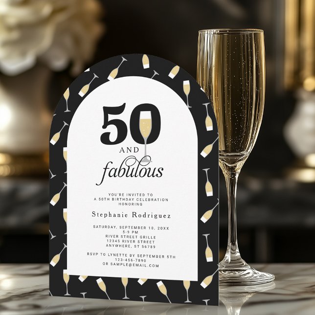 Invitation Elégant noir blanc 50 Fabuleux anniversaire (Shown on a 5" x 7" arch shape invitation)