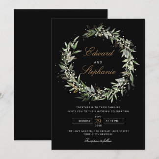 Invitation Elégant noir & blanc Aquarelle Mariage vert