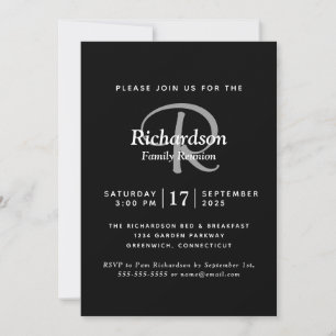 Invitation Elégant noir blanc argent Monogramme famille Réuni