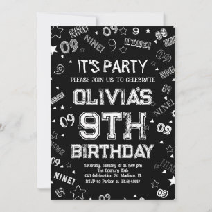 Invitation Elégant Noir Blanc Boy Numéro Neuf Anniversaire