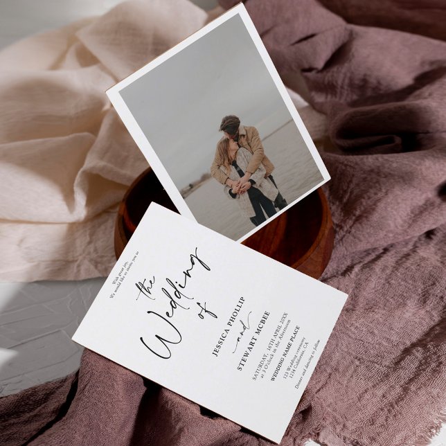 Invitation Élégant noir blanc calligraphie photo mariage (Créateur téléchargé)