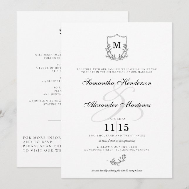 Invitation Elégant noir & blanc Crest Détails et Mariage QR (Devant / Derrière)