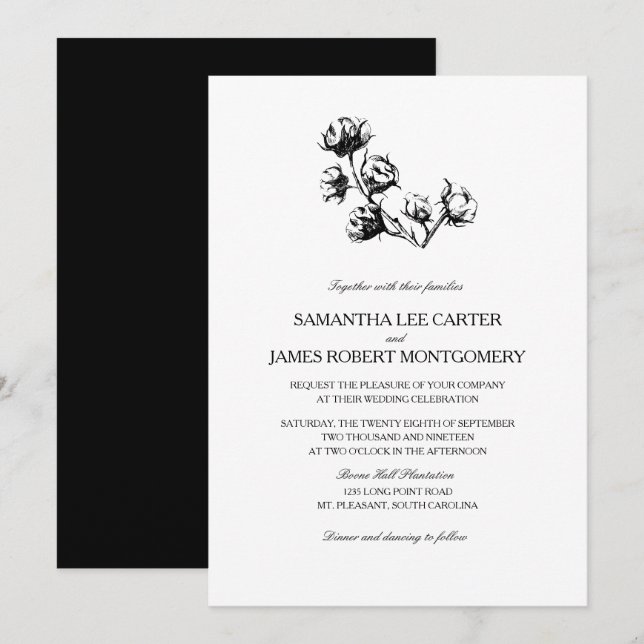 Invitation Élégant noir blanc de coton Plante Mariage (Devant / Derrière)