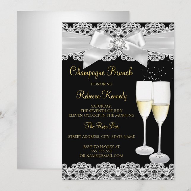 Invitation Élégant noir blanc dentelle Champagne Brunch Invit (Devant / Derrière)