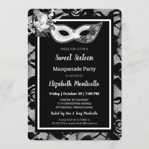 Invitation Élégant noir/blanc dentelle sucré 16 Masquerade Pa