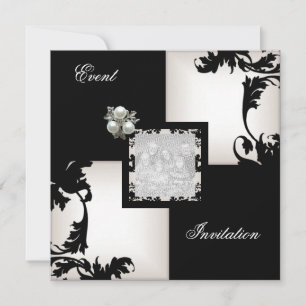 Invitation Elégant noir blanc floral chèque bijou perle