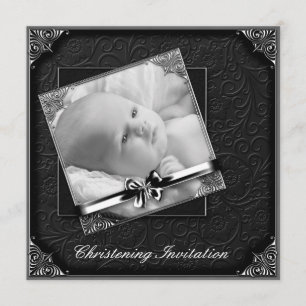 Invitation Élégant noir blanc photo Christening