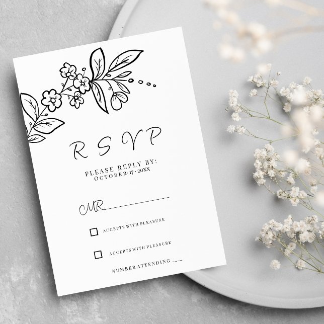 Invitation Elégant noir blanc simple floral RSVP (Elegant black white simple floral RSVP )