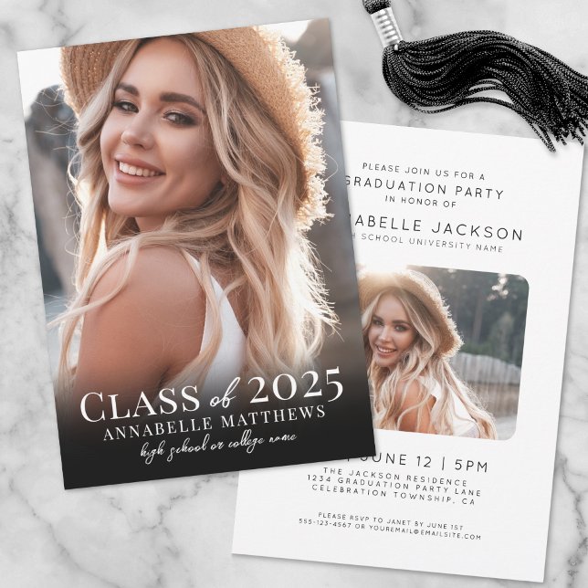 Invitation Élégant noir blanc simple photo Graduation (Elegant Black White Simple Photo Graduation Invitation)