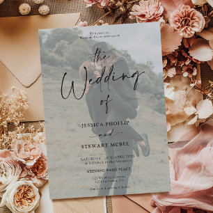 Invitation Élégant noir blanc tout en 1 script mariage photo