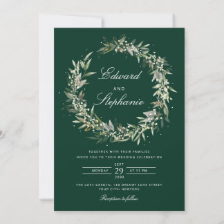 Invitation Elégant noir Bohème Aquarelle Mariage vert