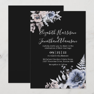 Invitation Elégant noir crème aquarelle Mariage floral