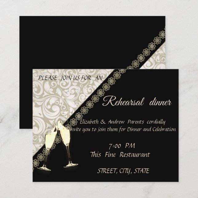 Invitation Élégant Noir, Damas Mariage de répétition dîner (Devant / Derrière)