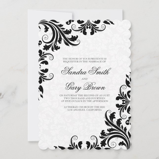 Invitation Élégant noir dentelle blanc Damas Mariage (Devant)