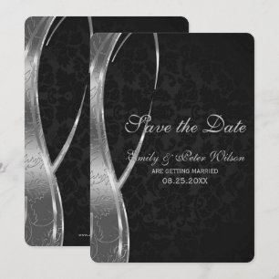 Invitation Élégant Noir Et Argent Damas-Enregistrer La Date