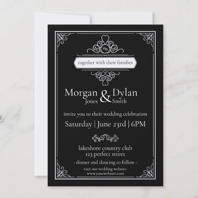 Invitation Élégant noir et blanc Mariage de travail de défile (Devant)