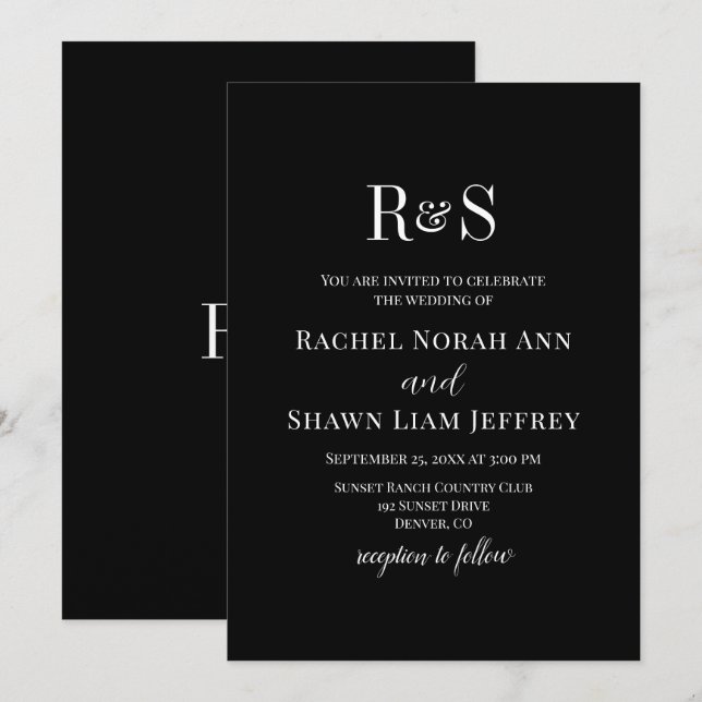 Invitation Élégant noir et blanc Mariage moderne Monogramme (Devant / Derrière)