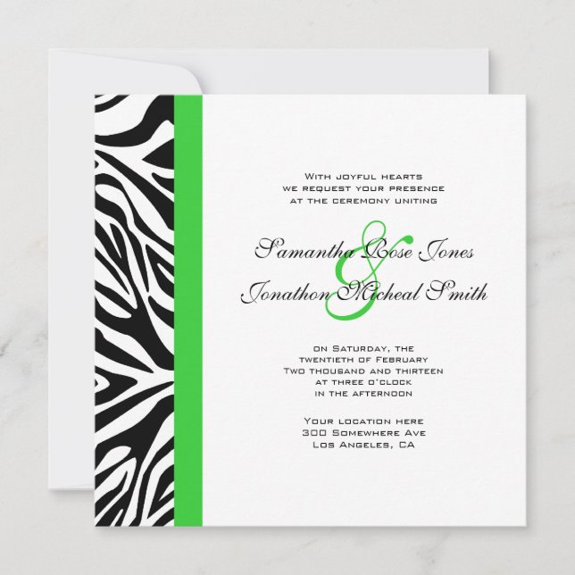 Invitation Élégant noir et blanc Zebra Lime Mariage vert (Devant)