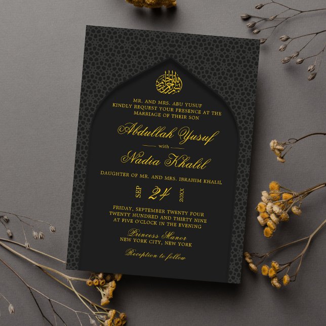 Invitation Elégant noir et jaune Walima Mariage islamique (Créateur téléchargé)