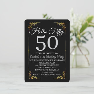 Invitation Elégant Noir et Or Bonjour 50 ans pour Femmes