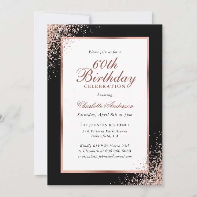 Invitation Elégant Noir et Rose Gold Confetti 60e anniversair (Devant)