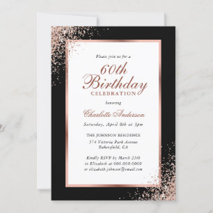 Invitation Elégant Noir et Rose Gold Confetti 60e anniversair