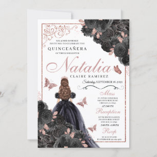 Invitation Elégant noir et Rose or Floral Quinceanera Inv