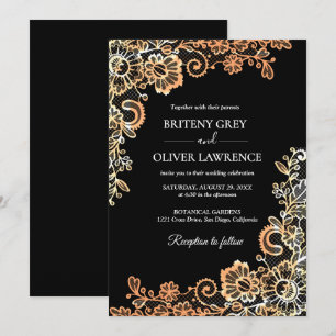 Invitation Elégant noir et Rose or Mariage de dentelle floral