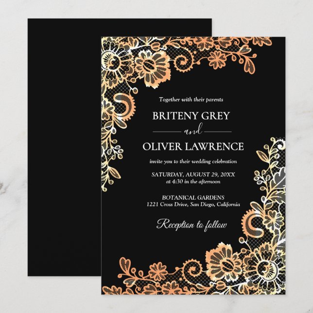 Invitation Elégant noir et Rose or Mariage de dentelle floral (Devant / Derrière)