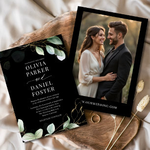 Invitation Elégant noir Eucalyptus Photo Mariage de verdure