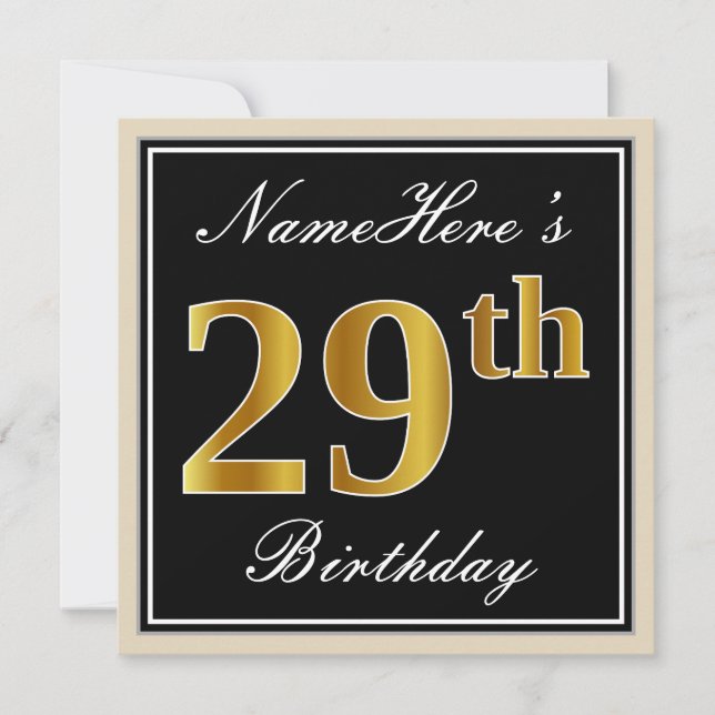 Invitation Elégant, noir, Faux Gold 29e anniversaire + Nom (Devant)